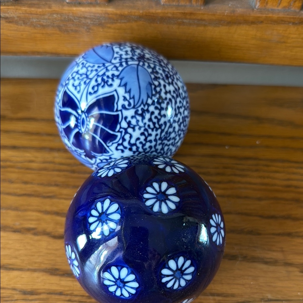 2 Blue and White Ceramic decorative balls
